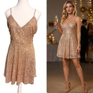 Revamped Sequin Mini Dress L Champagne Gold Spaghetti Strap Party